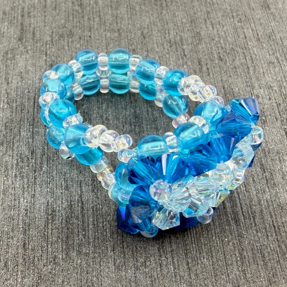 Beaded Blue Crystal Flower Statement Ring Boho Festival Y2K Stacking Jewelry